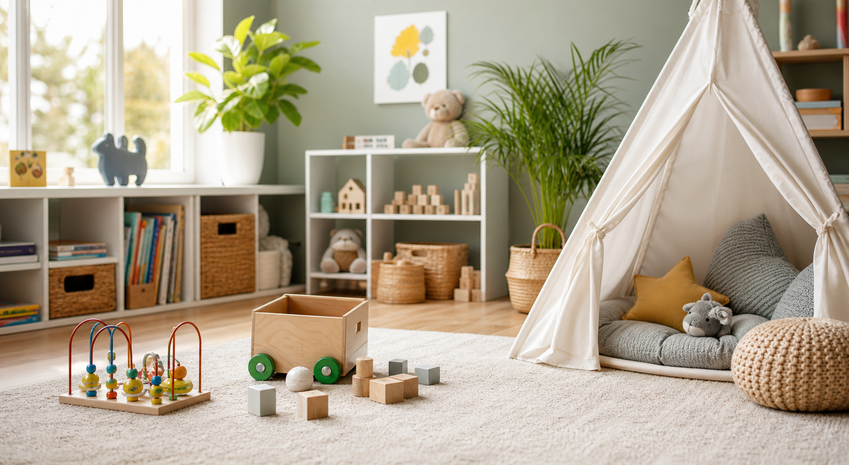 A bright, tidy children's playroom with books and toys